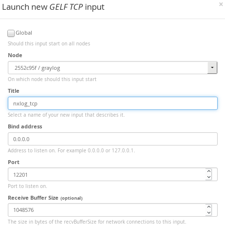 Graylog TCP input configuration, screen 1