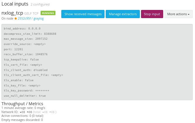 Graylog TCP input configuration, screen 2