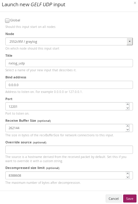 Graylog UDP input configuration, screen 1
