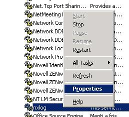 Service properties context menu
