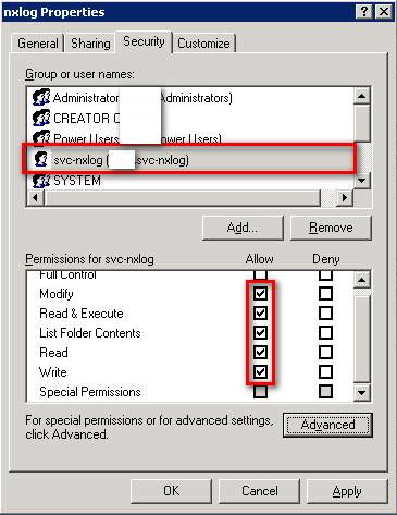 nxlog Folder Security Properties