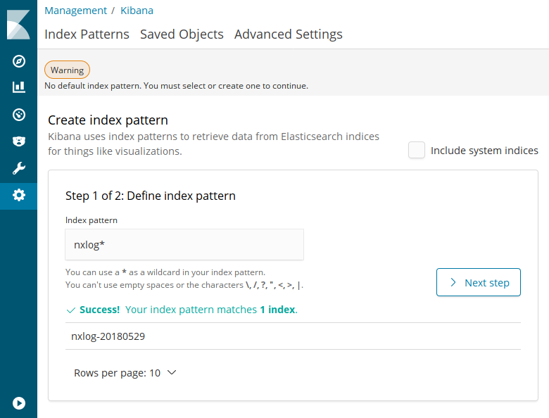 Create index pattern, step 1