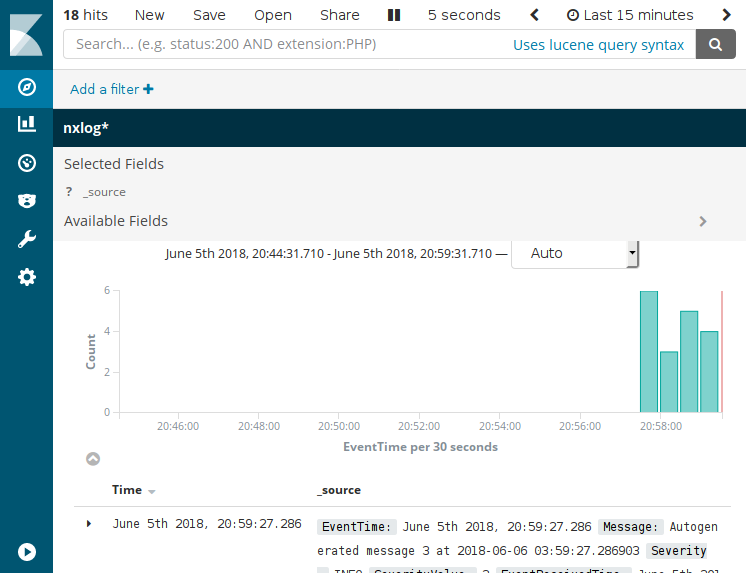 Kibana showing log entries