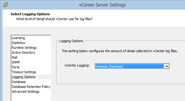 vCenter Logging Options