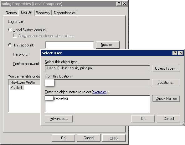 nxlog service Select User window