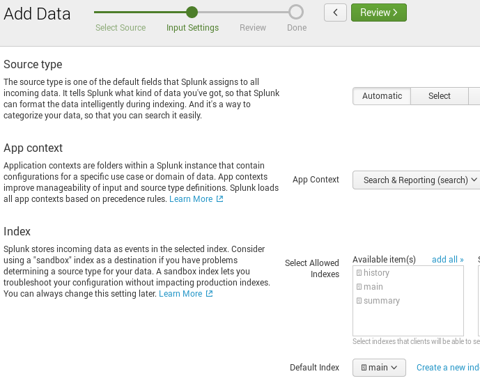 Splunk HEC input configuration, screen 2