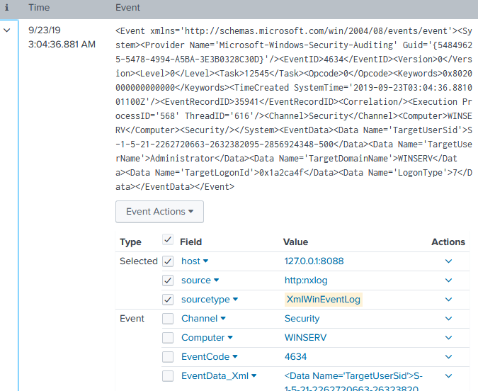 Splunk dashboard event